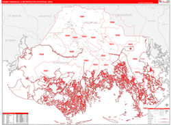 Houma-Thibodaux Metro Area Wall Map Red Line Style 2024